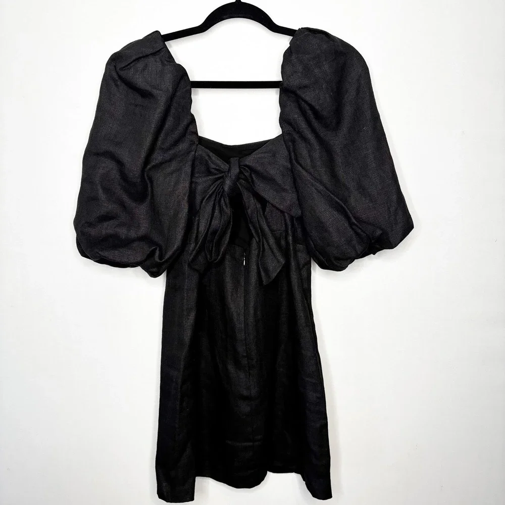 Sezane Editions Armida Dress Size 36/4 Black Linen Puff Sleeve Tie Back Mini - Picture 8 of 15